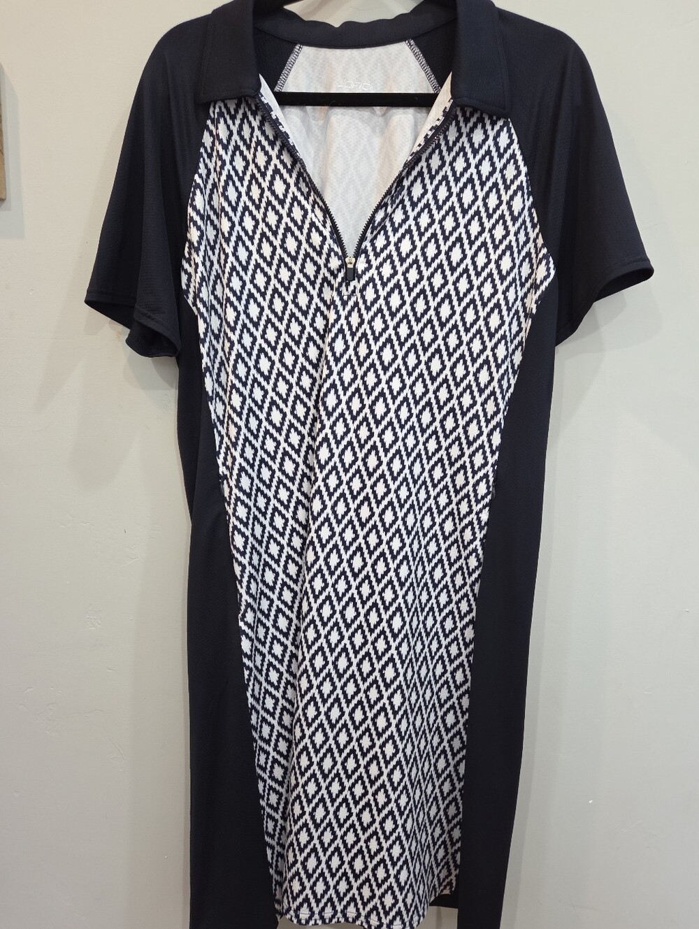 Jofit Women XL Athletic Polo Dress Navy White Ikat Pockets Gold Pickleball